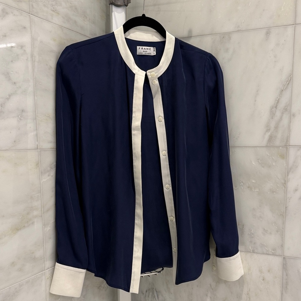 Frame 100% Silk Navy Blouse with Ivory Trim